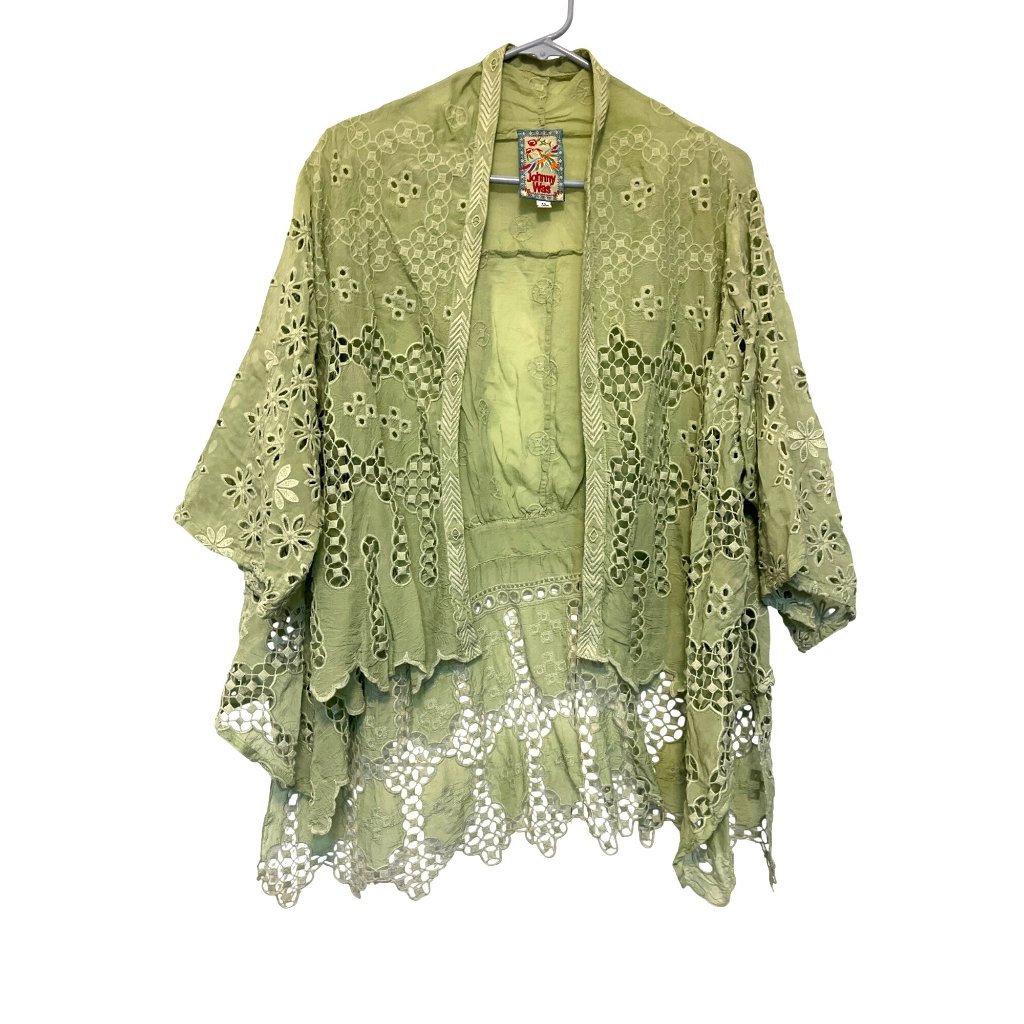 Johnny Was Baez Salacia Green Eyelet Kimono Xs Cupra Rayon High-Low Hem Relaxed